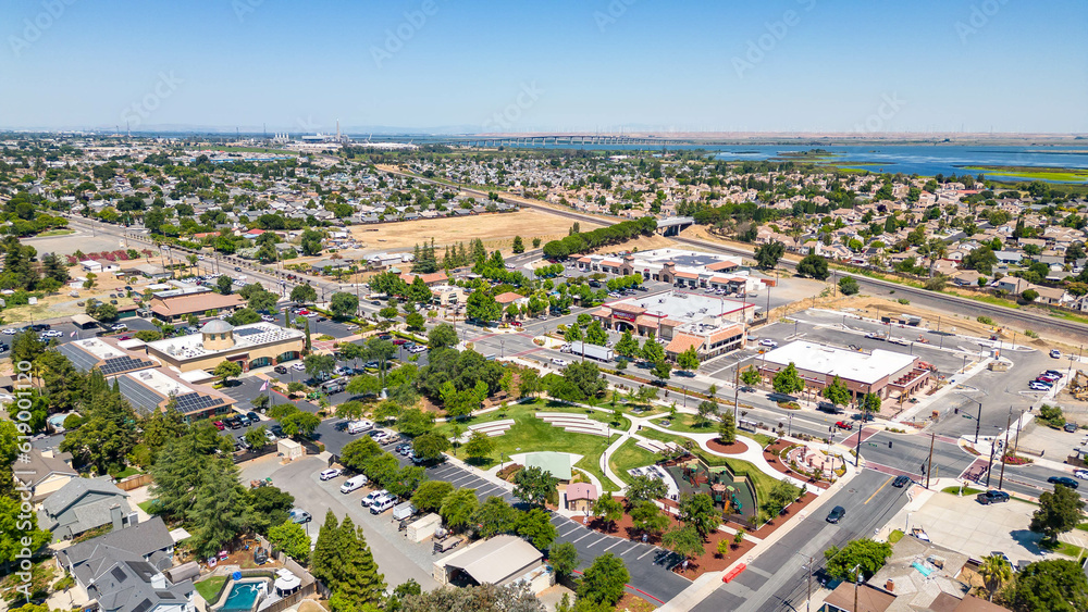 Stunning aerial views capture vibrant Downtown Oakley, California, showcasing its architectural beauty, bustling streets, and vibrant community