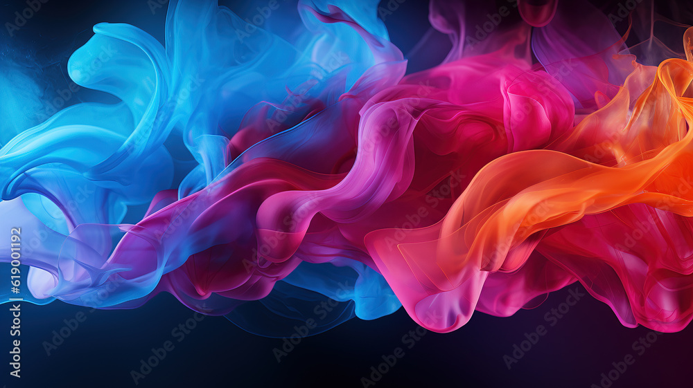 Abstract colored smoke on black background, in layered translucency with copy space.  Generative AI.