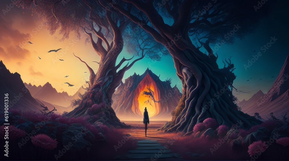  Step into the surreal and enigmatic realm of a schizophrenic patient's mind. The image depicts a dreamlike landscape filled with symbolic elements that represent their thoughts