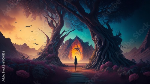  Step into the surreal and enigmatic realm of a schizophrenic patient's mind. The image depicts a dreamlike landscape filled with symbolic elements that represent their thoughts