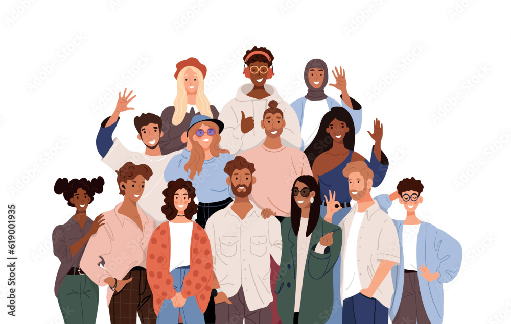 Multicultural group of people, multinational society, teamwork, friendship concept, cooperation, female and male characters. Flat cartoon vector illustration isolated on white background. Multicultural group of people, multinational society, teamwork, friendship concept, cooperation, female and male characters. Flat cartoon vector illustration isolated on white background.