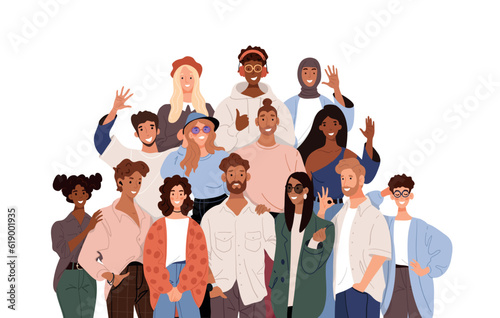 Multicultural group of people  multinational society  teamwork  friendship concept  cooperation  female and male characters. Flat cartoon vector illustration isolated on white background.