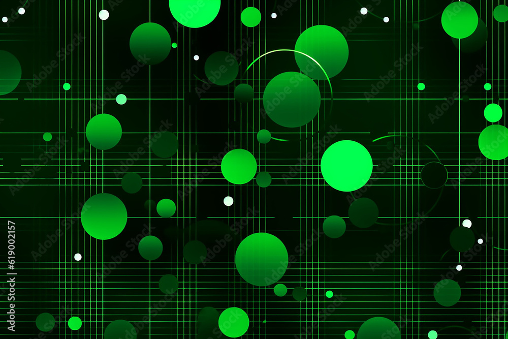 Neon circles and strokes on a deep green background. Ornament.