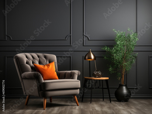 Chair with wall decor in living room interior blackMockups Design 3D, High-quality Mockups, Generative Ai © ACE STEEL D