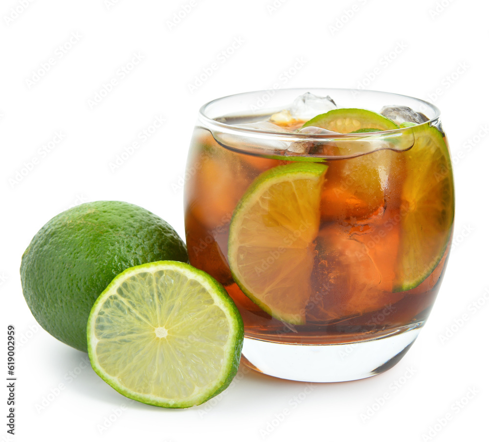 Glass of cold Cuba Libre cocktail isolated on white background Glass of cold Cuba Libre cocktail isolated on white background