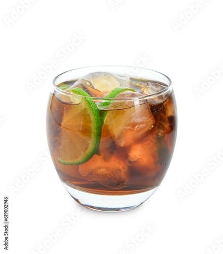 Glass of cold Cuba Libre cocktail isolated on white background