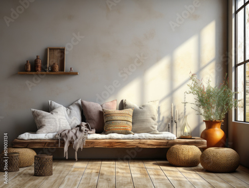 Scandi-boho style interior background wall mockup, Mockups Design 3D, High-quality Mockups, Generative Ai
