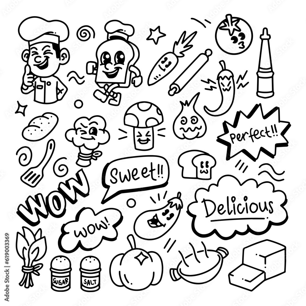 hand drawn cooking doodle set