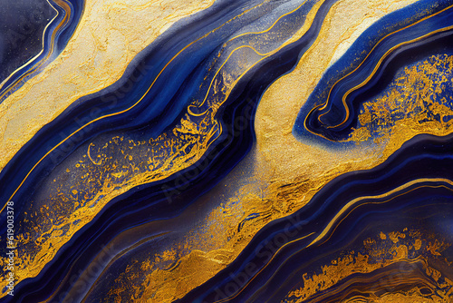 Blue and golden acrylic liquid ink swirl abstract background with ravishing turbulence wavy pattern and detailed texture. Luxury fluid liquid art by Generative AI.