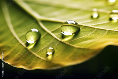 Morning Dew drops of rain water on Green Leaf Macro, Natural Background, AI Generated