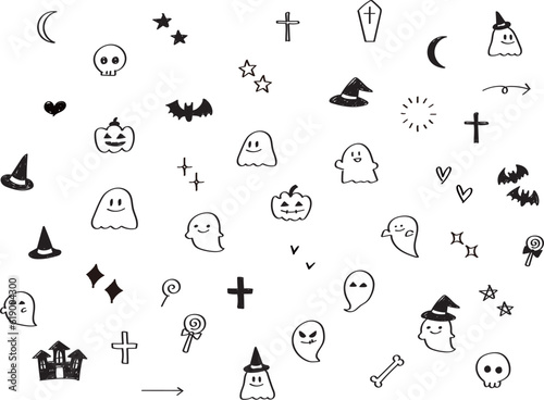 イラスト素材：手書きのシンプルなかわいいハロウィンのイラストセット