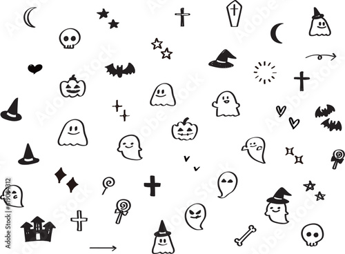 イラスト素材：手書きのシンプルなかわいいハロウィンのイラストセット