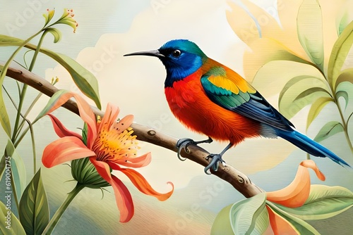 Create a vibrant digital artwork showcasing the resplendent plumage and intricate patterns of the Bird of Paradise in its natural habitat.