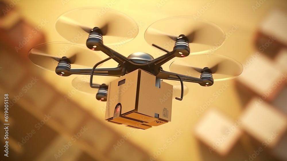 Drone parcel delivery service. Parcel with flowers and pizza. Box with online order. Air Transport. An illustration of the work of a delivery robot. Generative AI
Drone parcel delivery service. Parcel with flowers and pizza. Box with online order. Air Transport. An illustration of the work of a delivery robot. Generative AI