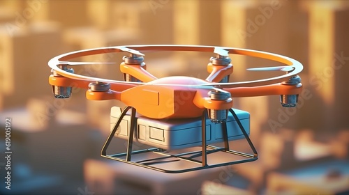 Drone parcel delivery service. Parcel with flowers and pizza. Box with online order. Air Transport. An illustration of the work of a delivery robot. Generative AI 