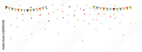 Foto Blank holiday banner with confetti and colorful flag garlands