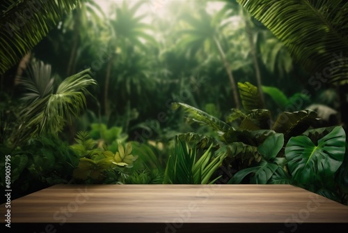 green design podium space wooden color palm mock platform up leaf. Generative AI.