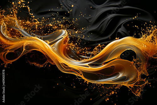 Abstract luxury swirling black gold background. Fancy moving golden wave flow, abstract texture background. Generative AI