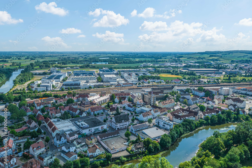 Donauwörth im Luftbild, Blick über den Bahnhof zum Helikopter-Werk