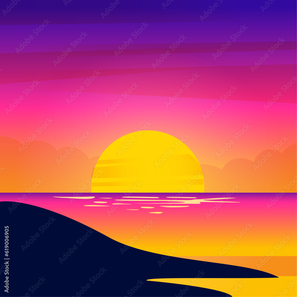 flat gradient beach sunset landscape