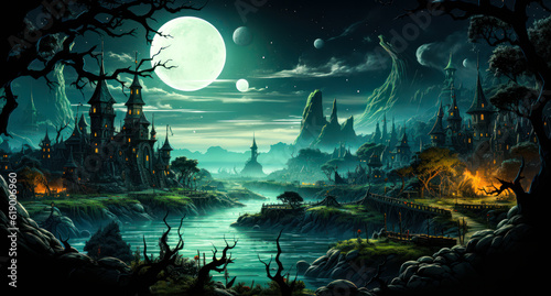 Surreal Halloween Graveyard: Eerie Landscape in Wallpaper Format