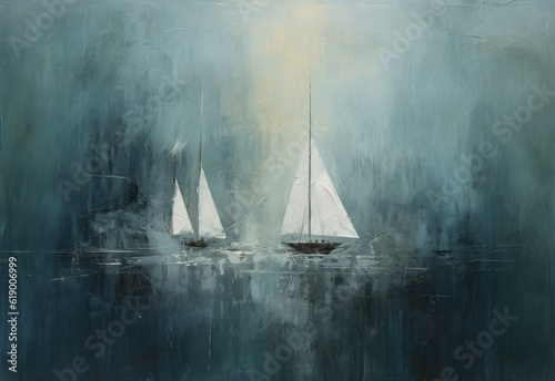 Painting background sailing boats on quiet sea with soft colors