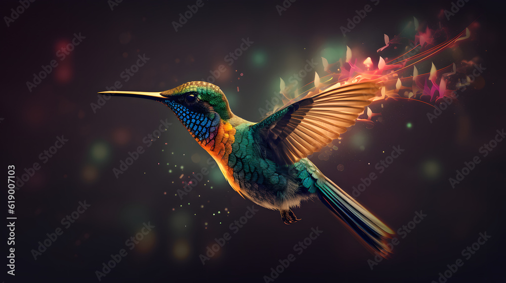 Harmonious data flow concept with Digital humming bird flying Harmonious data flow concept with Digital humming bird flying