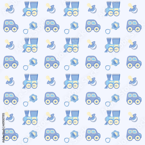 Seamless baby blue background with toys trains, cars, beanbag, nipple