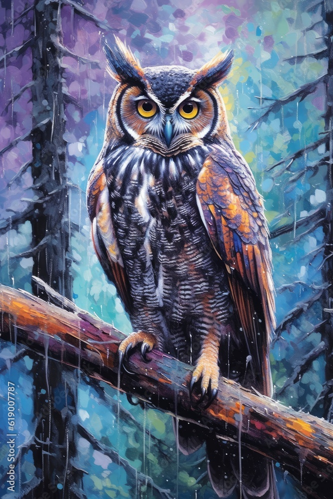 owl  form and spirit through an abstract lens. dynamic and expressive owl print by using bold brushstrokes, splatters, and drips of paint. owl raw power and untamed energy Generative AI