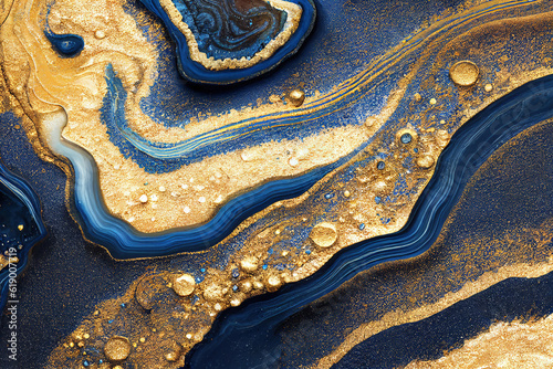 Blue and golden acrylic liquid ink swirl abstract background with ravishing turbulence wavy pattern and detailed texture. Luxury fluid liquid art by Generative AI.