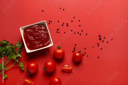 Bowl with tomato paste and fresh vegetables on red background © Pixel-Shot