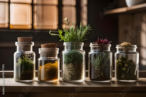 Captivating close-up of dried herbs and plants in glass jars. Ultra Realistic, minimalist capture. Perfect for herbal medicine concepts.