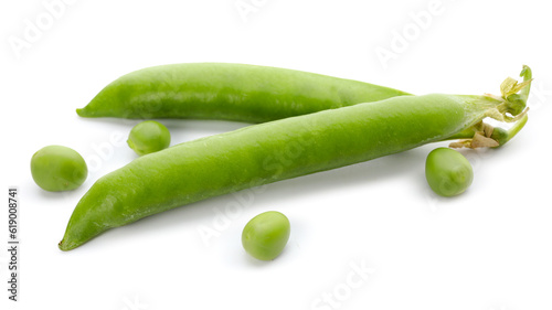 Green pea pods on white background