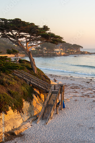 Wooden stairway on the beach. Summer in Carmel, California.