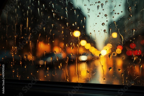 City ​​night rainy window background, AI generated