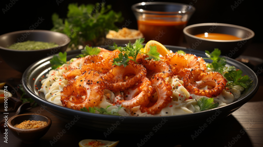 Photographie d'une assiette de calamars frits, avec un zoom sur la texture croustillante et la sauce d'accompagnement. IA générative, Générative, IA