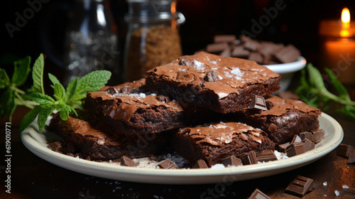 Photographie d'une assiette de brownies aux noix, avec un zoom sur la croûte craquelée et la texture moelleuse à l'intérieur. IA générative, Générative, IA