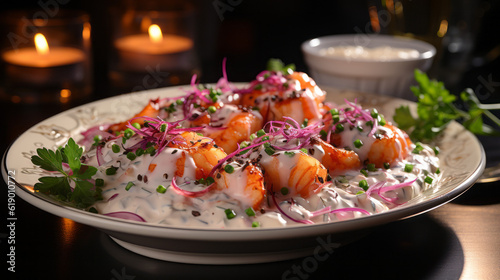 Photographie d'une assiette de crevettes à l'ail, avec un zoom sur les crevettes roses et la sauce à l'ail. IA générative, Générative, IA photo