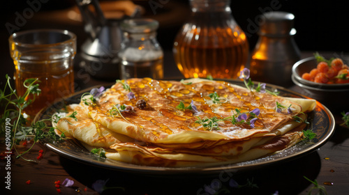 Photographie d'une assiette de crêpes moelleuses, avec un zoom sur le sirop qui dégouline et les garnitures sucrées. IA générative, Générative, IA