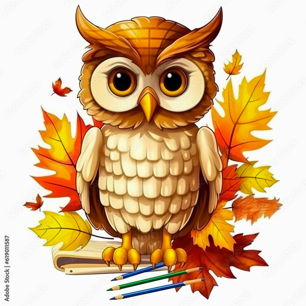 Illustration of an owl with school supplies. The concept of school education. Generative AI