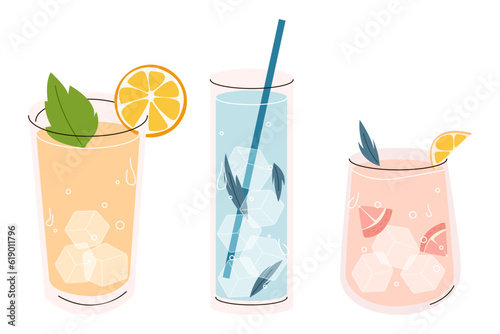 set cold drinks illustration vector format.set cocktails with ice.  Juice, liqueur, soda, lemonade, ice, mint, lemon, orange, grapefruit. Flat illustration style isolated objects white background