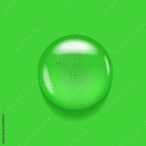 Transparent serum swatch on green background. Essential glycerin cream toner concept. Oily moisture smear puddle. Round wash fuid microscope realistic blob.