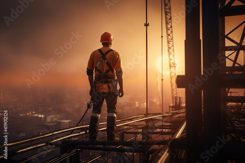 construction engineer worker at heights,architecture sci-fi construction working platform on top of building, suspended cables, fall protection and scaffolding installation.