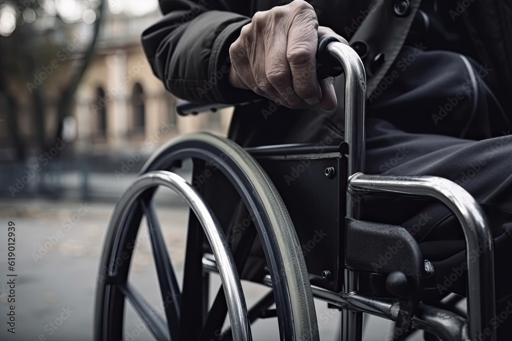 Obraz premium Close-up of a man in a wheelchair in the street. Generative AI