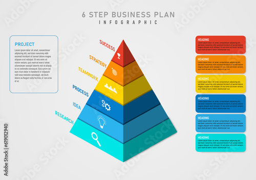 3D infographic 6 steps success business planning triangle pyramid segmented multi color multiple icons in center On the right side there is a square frame and letters with a gray gradient background.