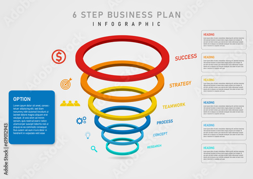 3d infographic template 6 steps business plan success circular multicolored stacked vertically Several icons on the left There is a square frame and letters on the right, a gray gradient background.