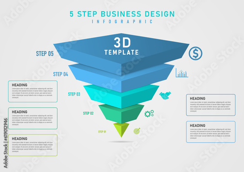 3D infographic template 5 steps triangle inverted pyramid divided into multicolored segments Several icons on the right with square frame and gray gradient background lettering for business, marketing