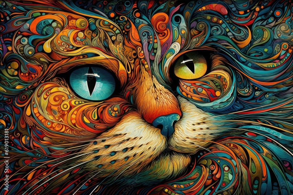 Psychedelic cat illustration. Generative ai