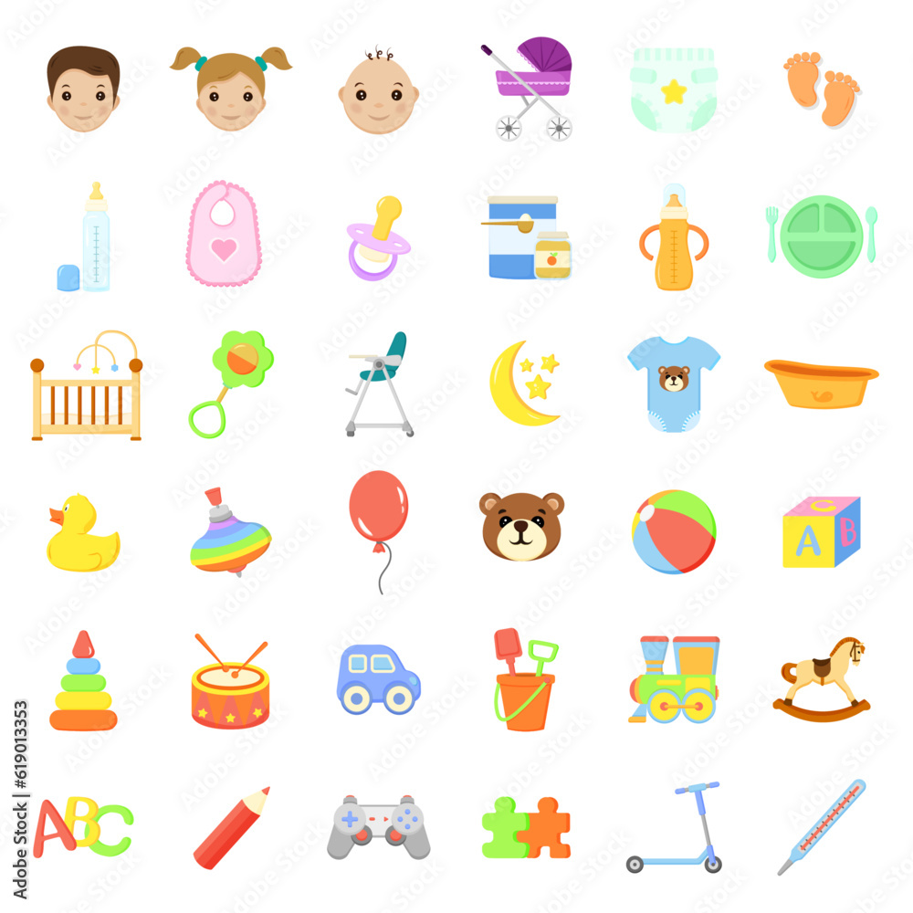 Set of colorful icons of children's theme for the store