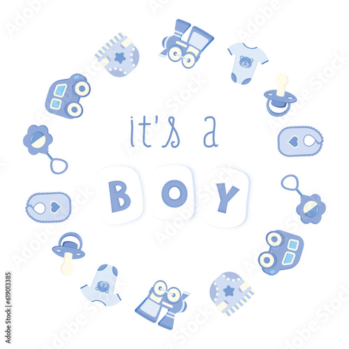 Illustration for an invitation to a gender party, it's a boy, blue color, frame in a circle